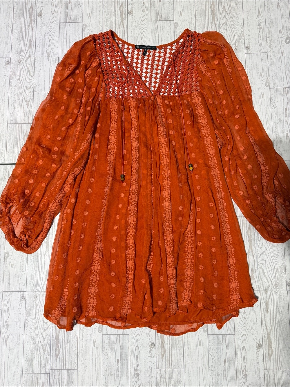 House of Harlow 1960 Burnt Orange Crochet Yoke Boho Tunic